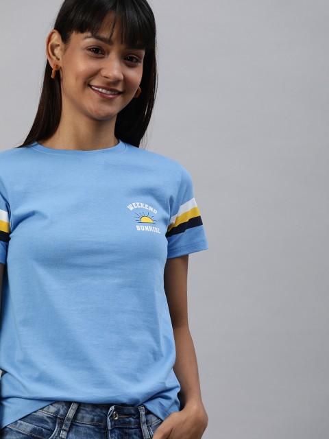 

Mast & Harbour Women Blue Solid Round Neck T-shirt with Printed Detail
