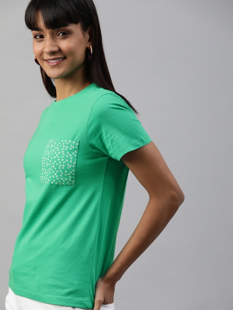 

Mast & Harbour Women Green Solid Round Neck T-shirt with Printed Detail