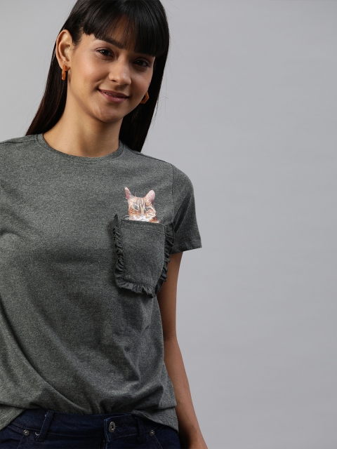 

Mast & Harbour Women Charcoal Solid Round Neck T-shirt with Printed Detail