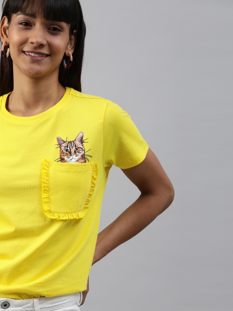 

Mast Harbour Women Yellow Solid Round Neck Pure Cotton T-shirt with Printed detail