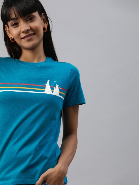 

Mast & Harbour Women Blue Striped Round Neck T-shirt
