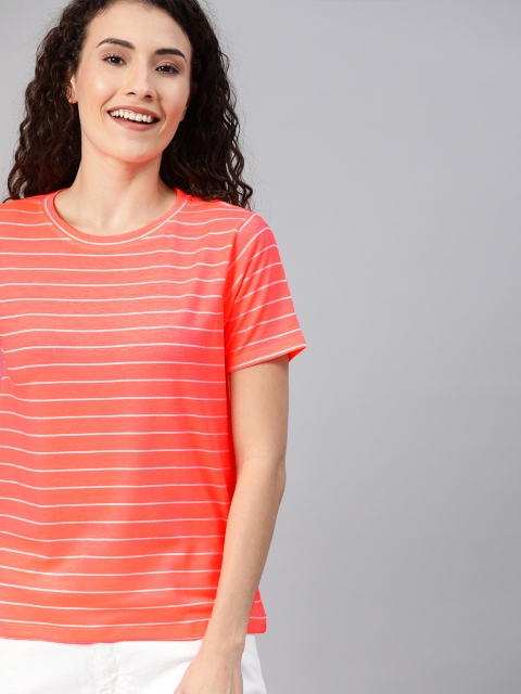 

Mast & Harbour Women Orange & White Striped Round Neck T-shirt