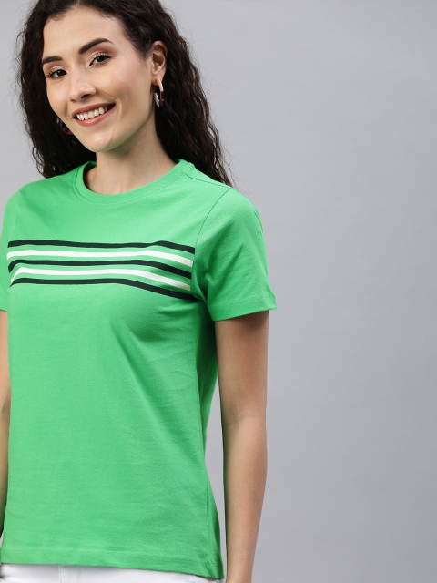 

Mast Harbour Women Green Black Striped Round Neck Pure Cotton T-shirt