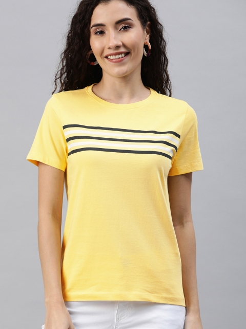 

Mast & Harbour Women Yellow & Black Striped Round Neck T-shirt