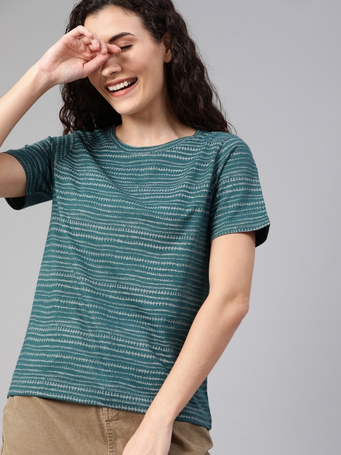 

Mast & Harbour Women Green & Grey Striped Round Neck T-shirt
