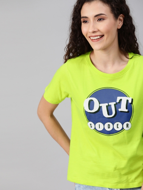 

Mast & Harbour Women Lime Green Printed Round Neck T-shirt