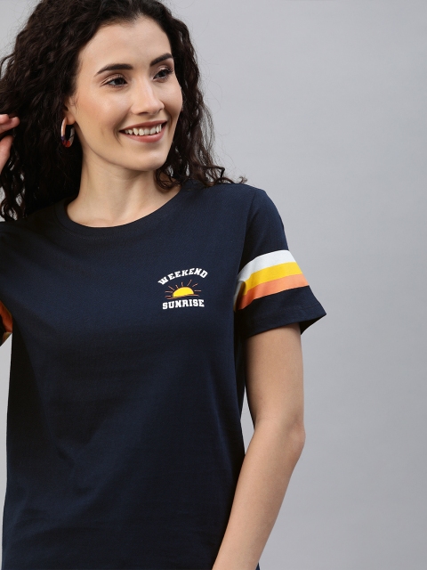 

Mast Harbour Women Navy Blue Solid Round Neck Pure Cotton T-shirt with striped sleeves