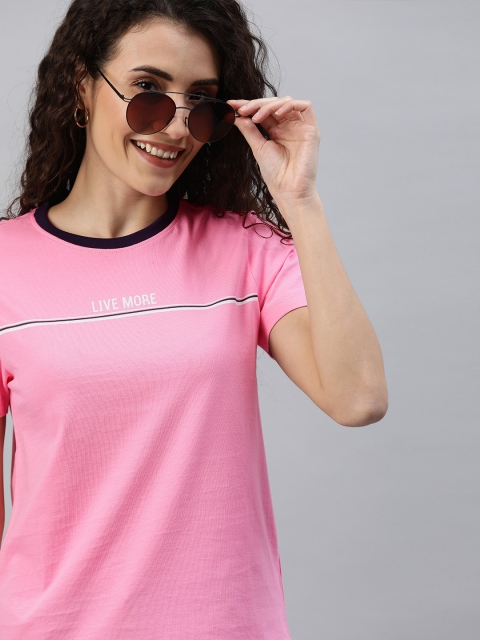 

Mast & Harbour Women Pink Solid Round Neck T-shirt With Printed Detailing