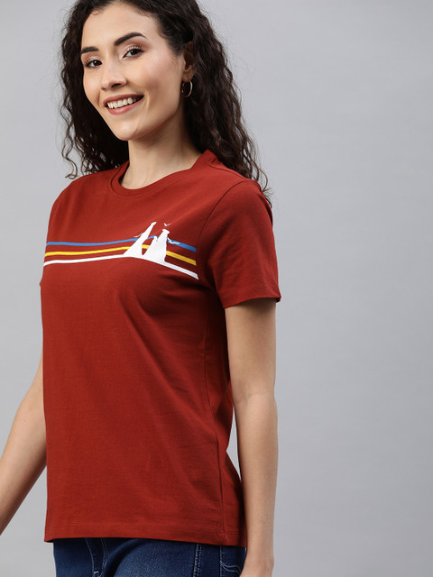 

Mast & Harbour Women Brown Striped Round Neck T-shirt