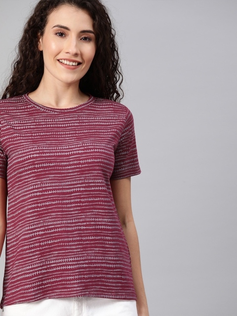 

Mast Harbour Women Maroon Grey Striped Round Neck Pure Cotton T-shirt