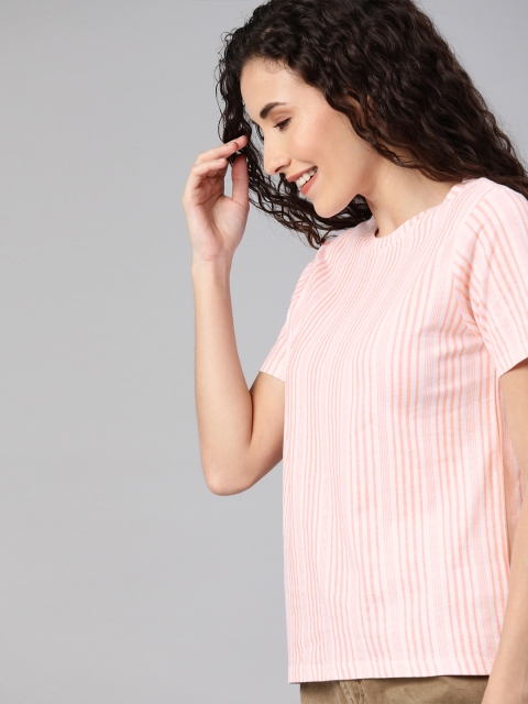 

Mast & Harbour Women Peach-Coloured & White Striped Round Neck T-shirt