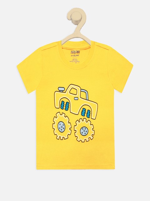 

Miss Chief Boys Yellow Blue Printed Hood Pure Cotton T-shirt