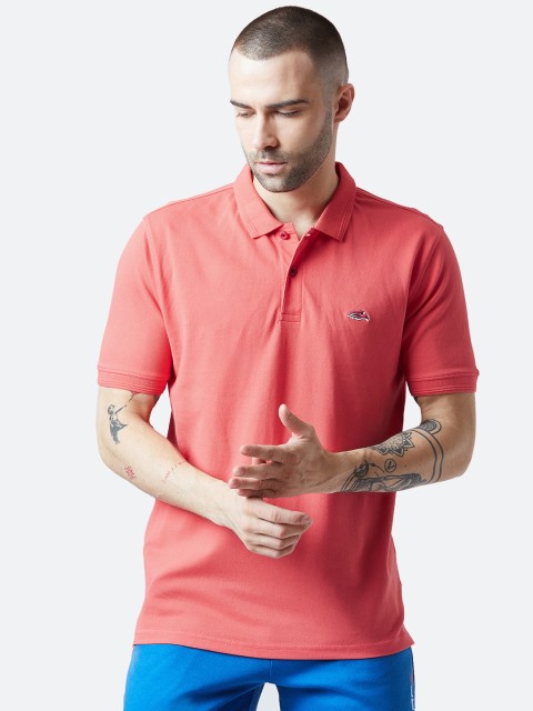 

PERF Men Coral Pink Solid Polo Collar T-shirt