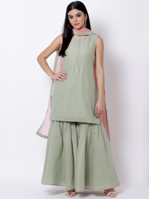 

Biba Women Green Self Design Kurta with Sharara & Dupatta