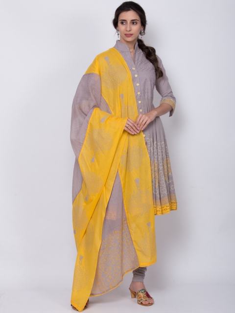 

Biba Women Grey & Yellow Printed Kurta with Churidar & Dupatta