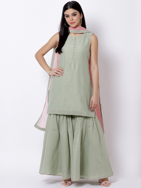 

Biba Women Green Self Design Kurta with Sharara & Dupatta