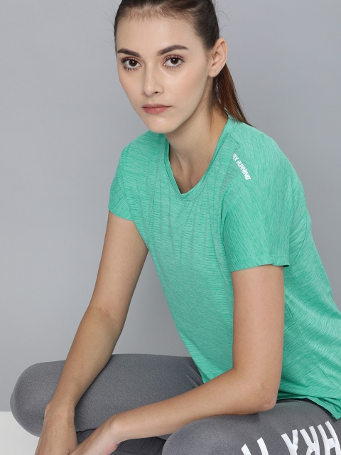 

HRX by Hrithik Roshan Women Sea Green Melange Striped Bio-Wash Running T-shirt