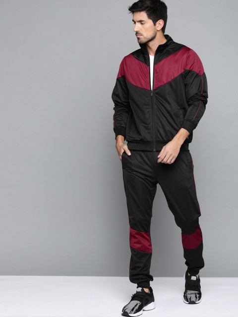 

HRX by Hrithik Roshan Men Black & Maroon Colourblocked Rapid-Dry Lifestyle Tracksuit