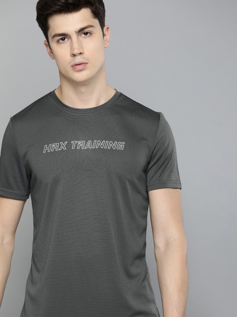 

HRX by Hrithik Roshan Men Dark Grey Striped Rapid-Dry Antimicrobial Round Neck T-shirt