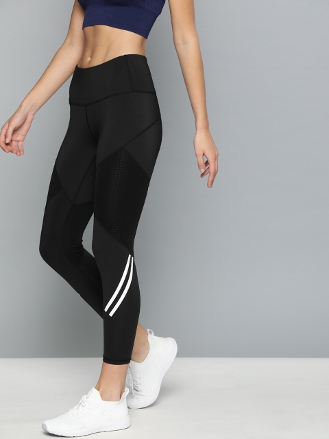 

HRX by Hrithik Roshan Women Black and White Striped Rapid-Dry Running Tights