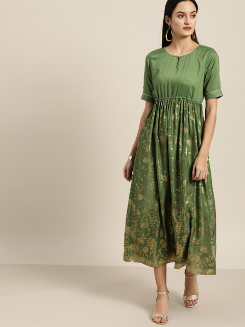 

all about you Women Green & Golden Printed A-Line Dress