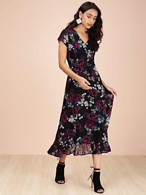 

all about you Women Black & Burgundy Floral Printed Midi A-Line Dress