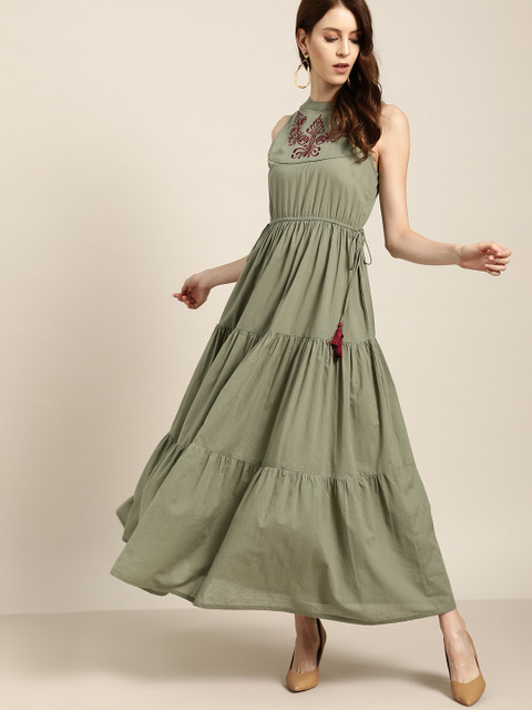 

all about you Olive Green Solid Maxi Dress with Embroidery