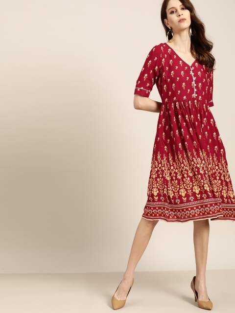 

all about you Women Maroon Printed Fit and Flare Dress