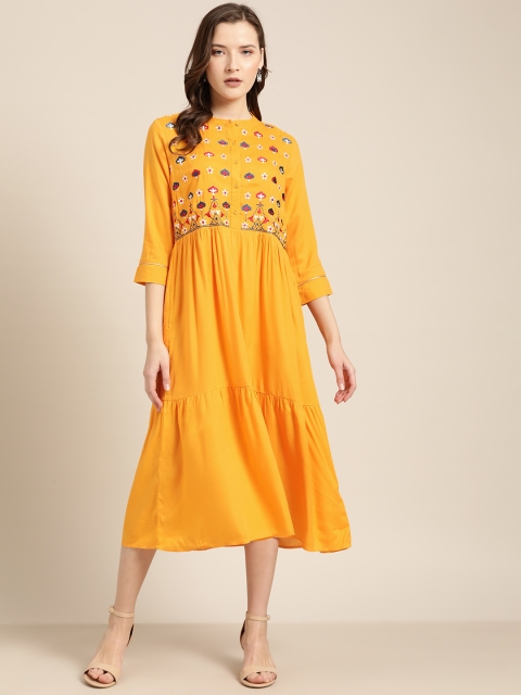 

all about you Women Yellow Floral Embroidered Midi A-Line Dress