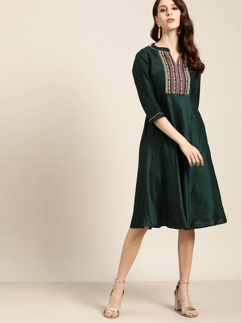 

all about you Women Green Solid A-Line Dress With Embroidered Detail