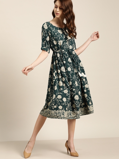 

all about you Women Green & Cream-Coloured Floral Print Ethnic A-Line Dress
