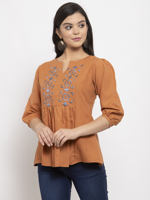 

LABEL REGALIA Women Camel Brown Embroidered A-Line Top