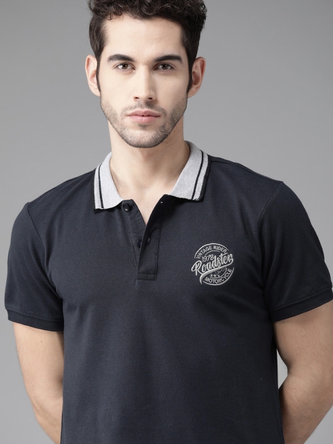 

Roadster Men Navy Blue Solid Polo Collar Pure Cotton T-shirt