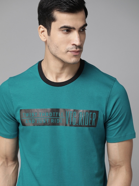 

Roadster Men Teal Green Black Printed Round Neck Pure Cotton T-shirt