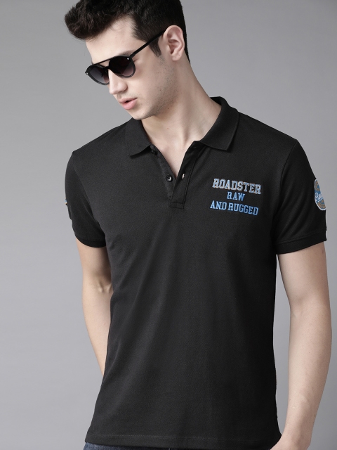 

Roadster Men Black Solid Polo Collar with Embroidered Detail