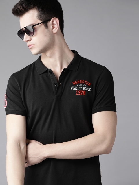 

Roadster Men Black Solid Polo Collar with Embroidered Detail