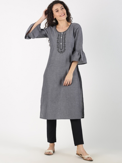 

Saffron Threads Women Grey & Black Yoke Design Kaftan Kurta