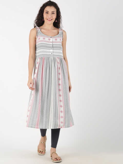 

Saffron Threads Women White & Grey Printed A-Line Kurta