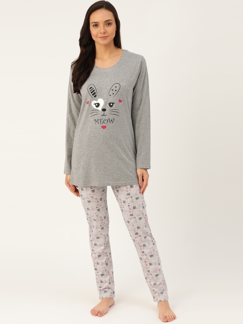

MBeautiful Women Grey Melange & Lavender Printed Night suit