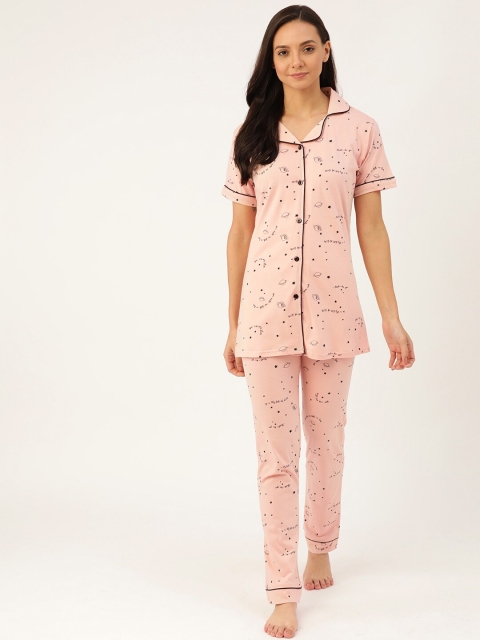 

MBeautiful Women Pink & Black Conversational Printed Night suit, Peach