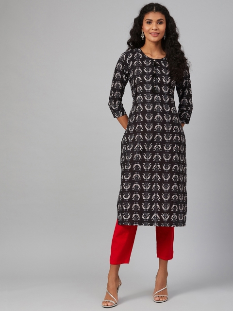 

See Designs Women Black & White Printed Straight Kurta