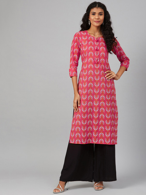 

See Designs Women Pink & White Printed Straight Kurta