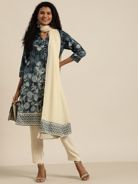 

all about you Women Navy Blue & Off-White Printed Kurta with Trousers & Dupatta