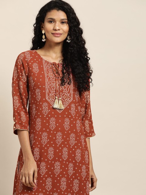 

all about you Women Rust Brown & Off-White Printed Kurta with Trousers