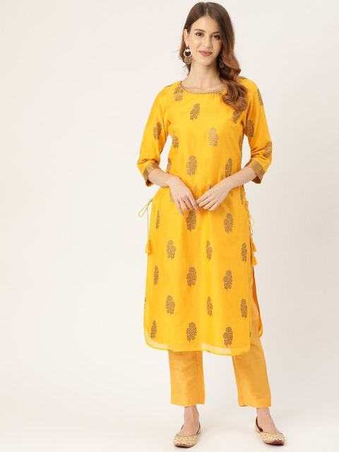 

all about you Women Yellow & Golden Floral Woven Design Kurta with Trousers