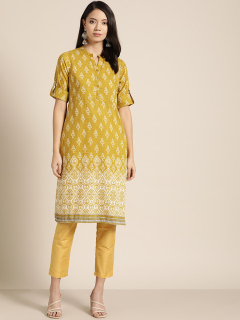 

all about you Women Mustard Yellow & Off-White Ethnic Motif Print Kurta with Trousers