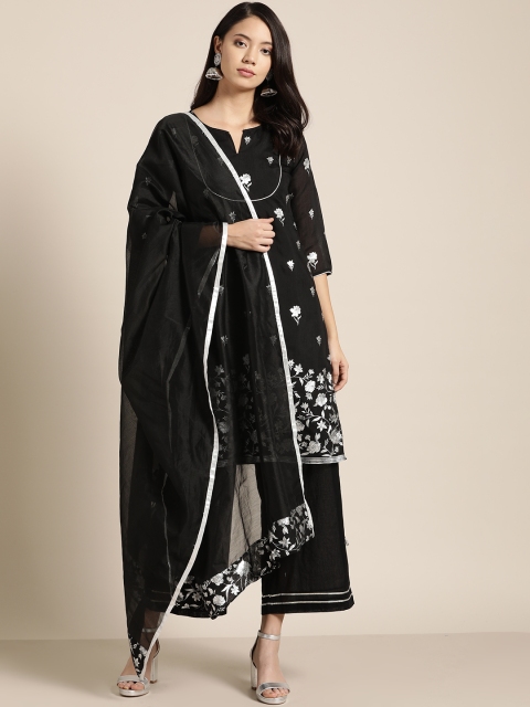 

all about you Women Black & Silver Floral Print Kurta with Palazzos & Dupatta