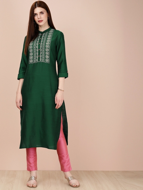 

all about you Women Green & Pink Yoke Design Kurta with Trousers