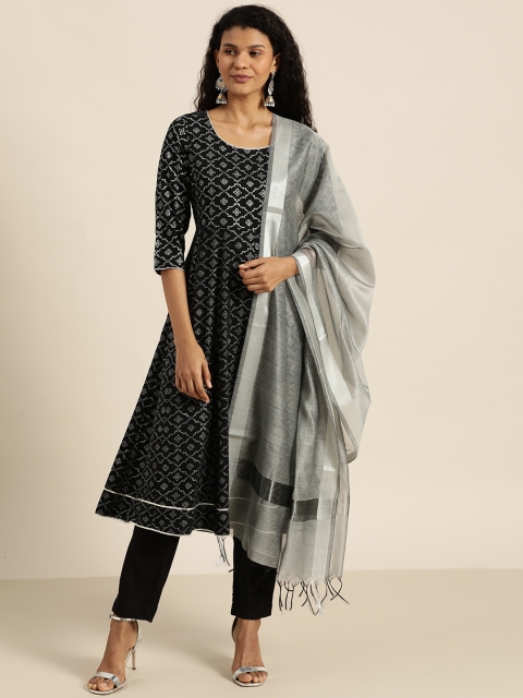 

all about you Women Black & Silver Printed Kurta with Trousers & Dupatta