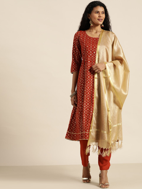 

all about you Women Rust Orange & Golden Ethnic Print Kurta with Trousers & Dupatta